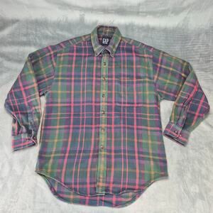 Vintage 90's GAP Mens M Flannel Shirt Thick Plaid Button Up Long Sleeve Colorful